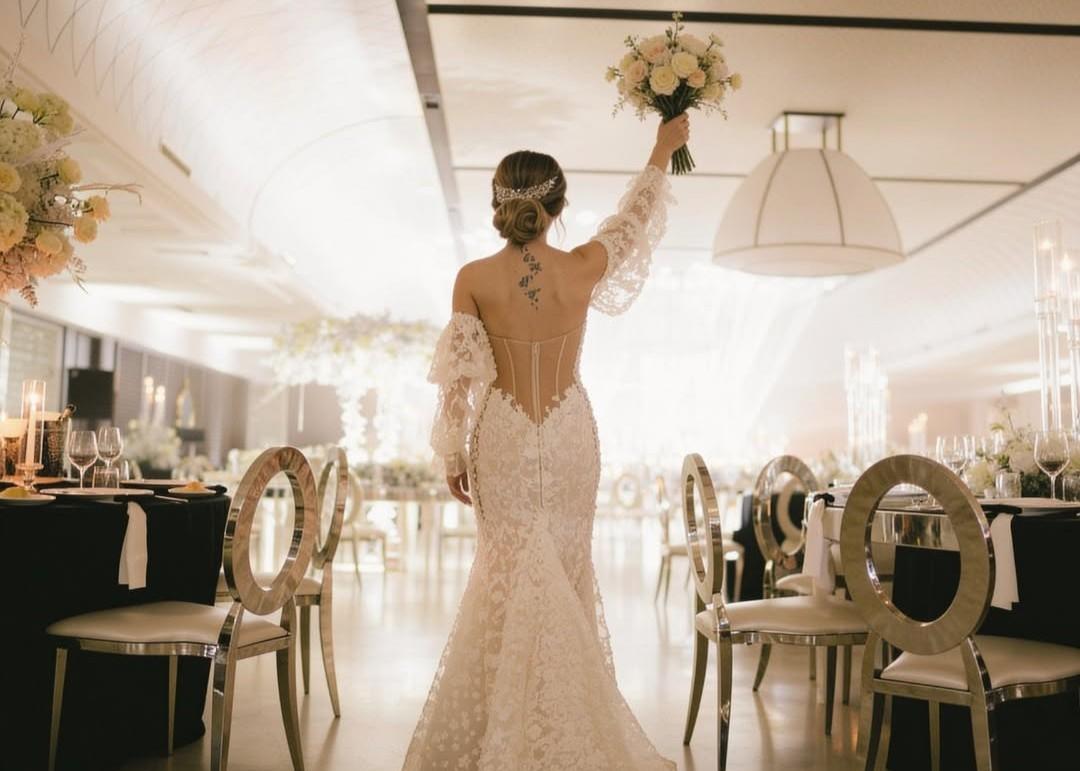 Sposa in abito da sirena in pizzo con bouquet di fiori, durante un elegante ricevimento nuziale.