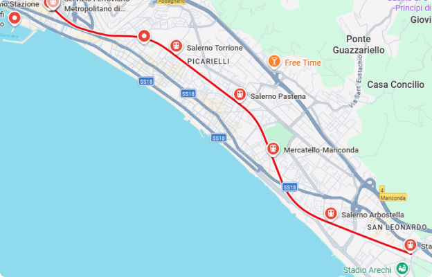 Map of Salerno showing the metro stations.