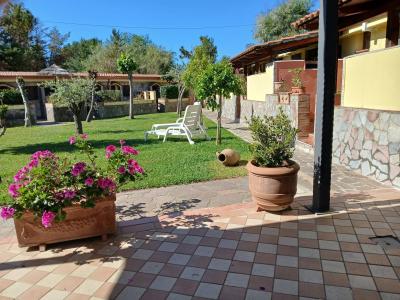 Giardino curato e aiuole fiorite in un ambiente verde e soleggiato.